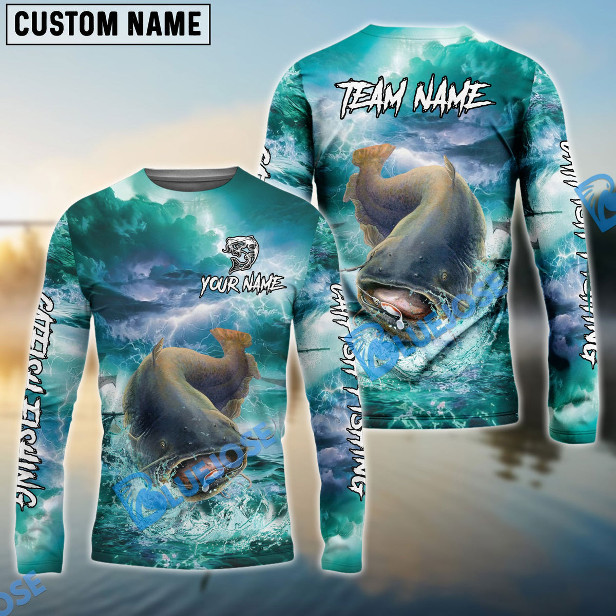 Bluejose Catfish Fishing Teal Thunderstorm Name &amp; Team Name 3D Shirts