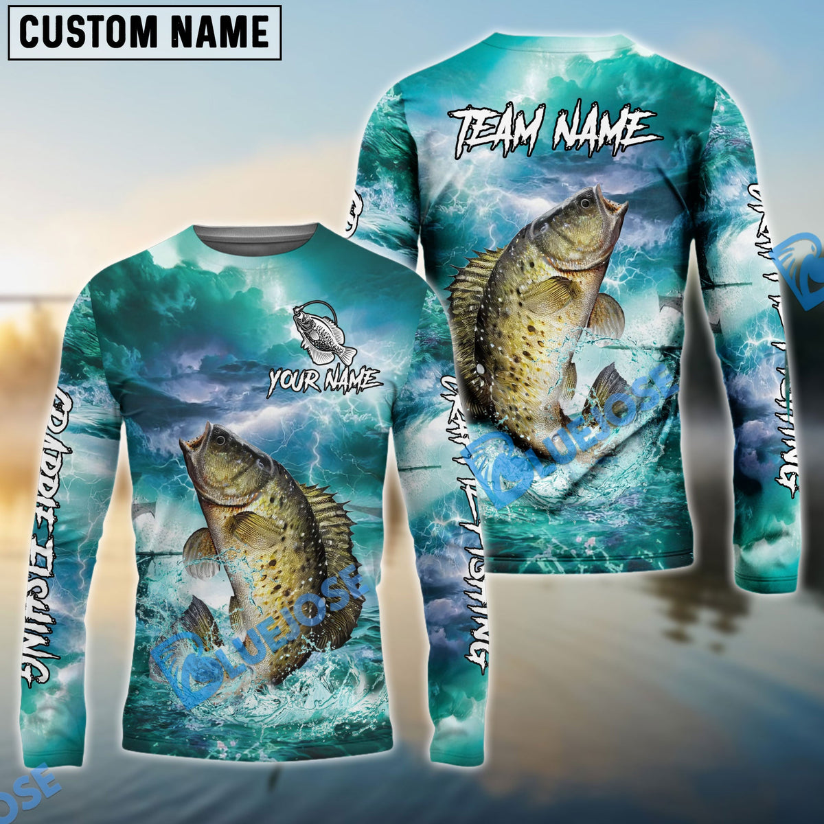Bluejose Crappie Fishing Teal Thunderstorm Name &amp; Team Name 3D Shirts