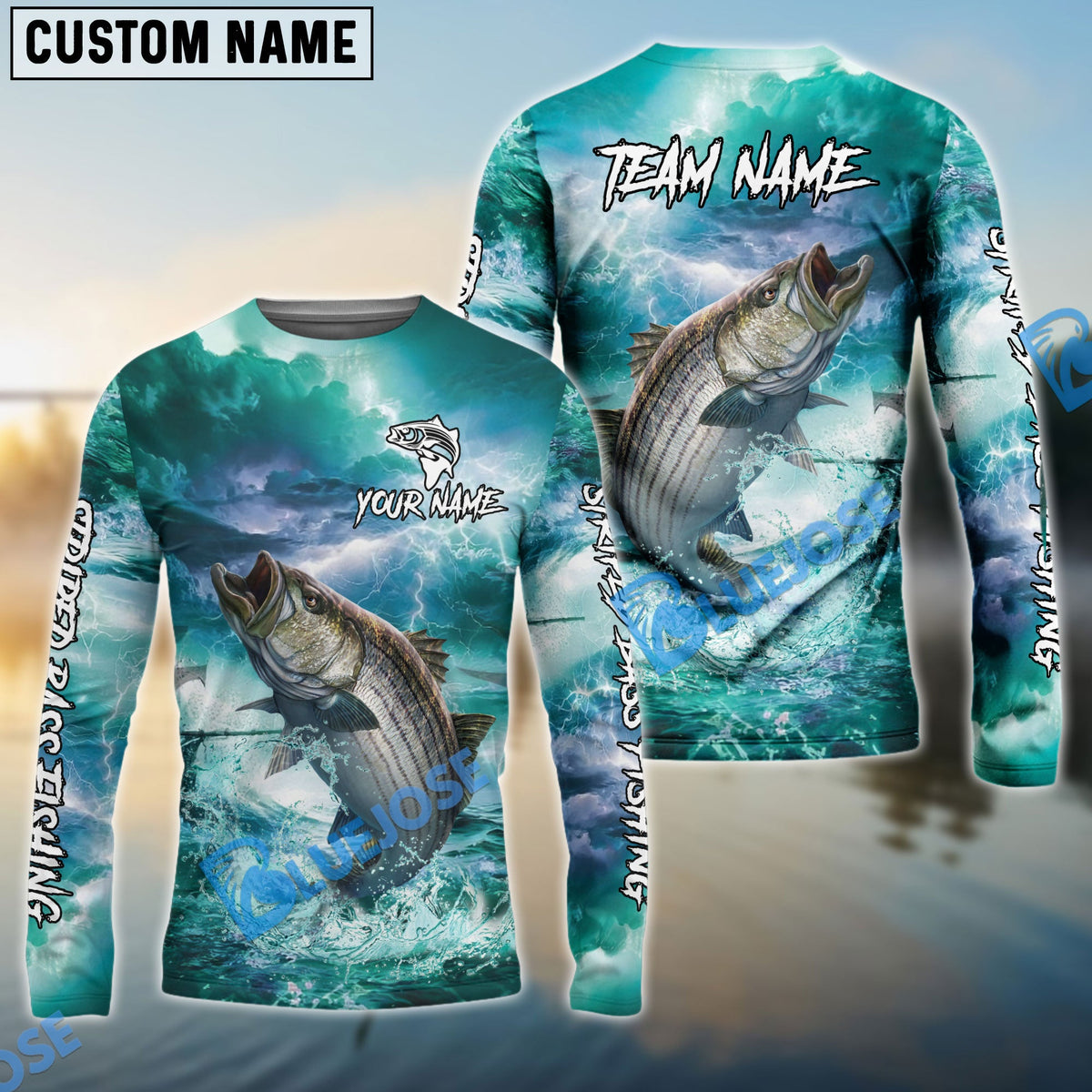 Bluejose Striped Bass Fishing Teal Thunderstorm Name &amp; Team Name 3D Shirts