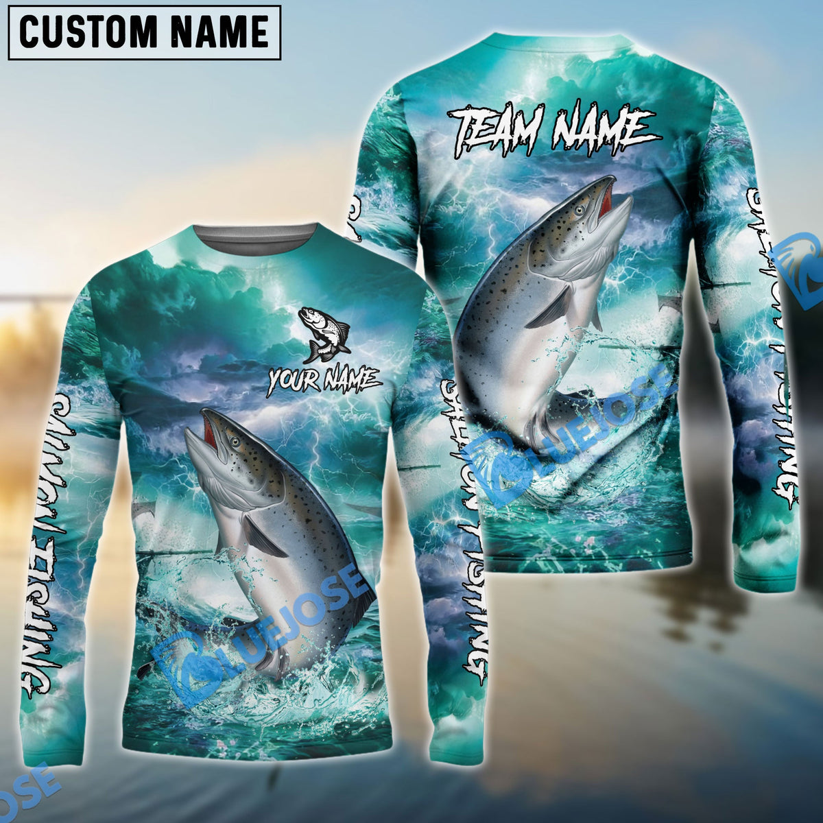 Bluejose Salmon Fishing Teal Thunderstorm Name &amp; Team Name 3D Shirts
