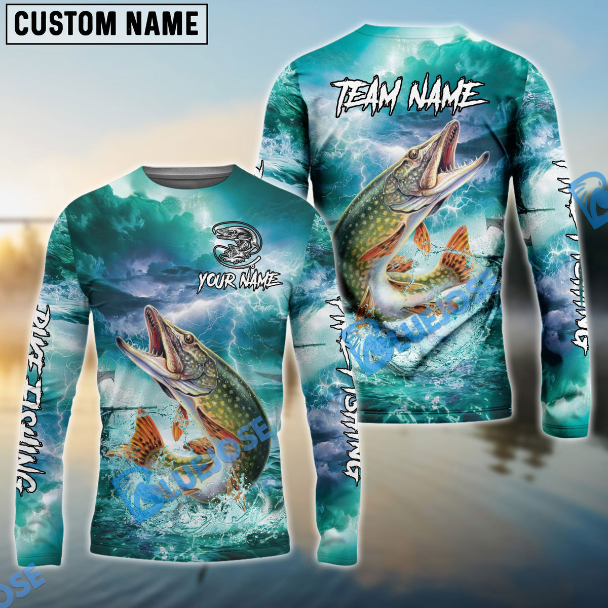 Bluejose Pike Fishing Teal Thunderstorm Name &amp; Team Name 3D Shirts