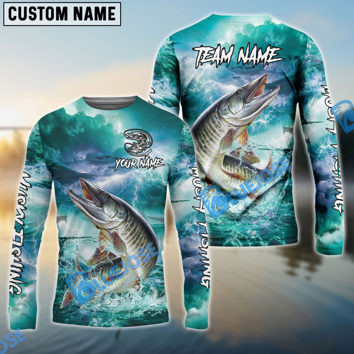 Bluejose Musky Fishing Teal Thunderstorm Name &amp; Team Name 3D Shirts