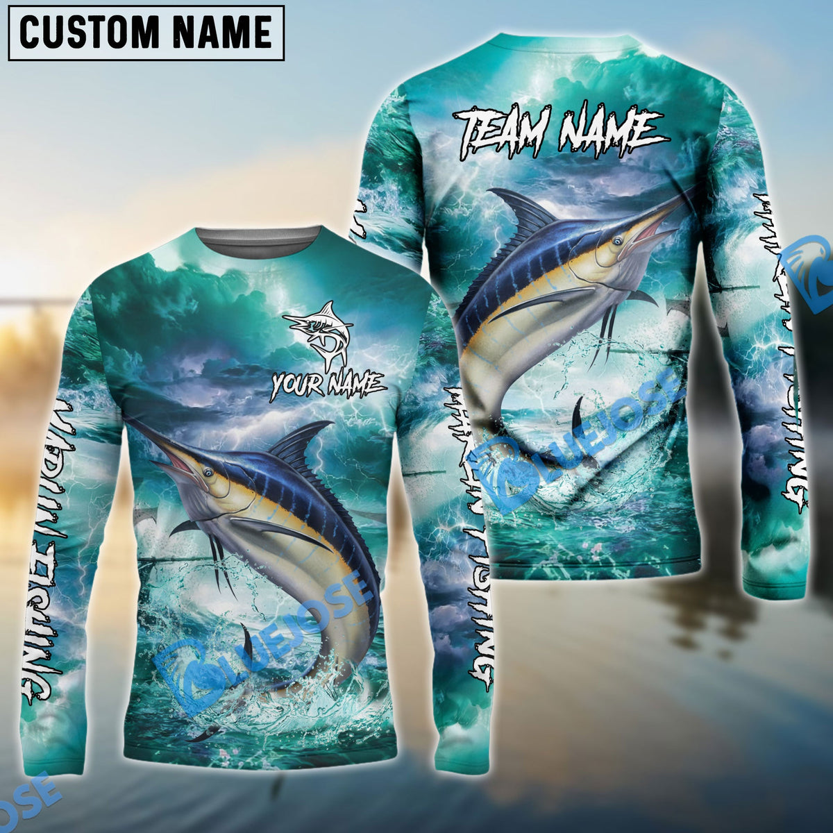 Bluejose Marlin Fishing Teal Thunderstorm Name &amp; Team Name 3D Shirts