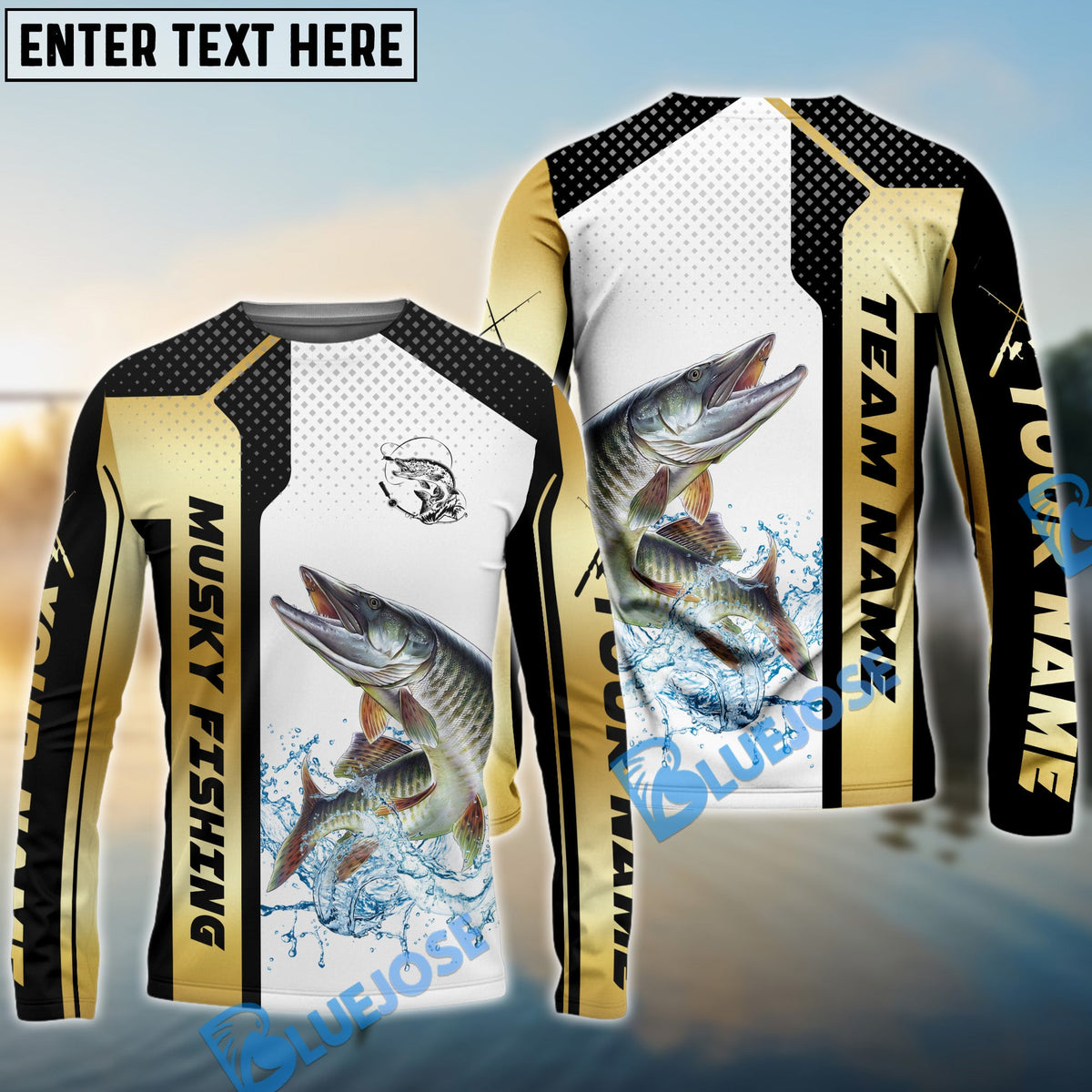 Bluejose Musky Fishing Golden Premium Dynamic Strike Custom Name &amp; Team Name 3D Shirts