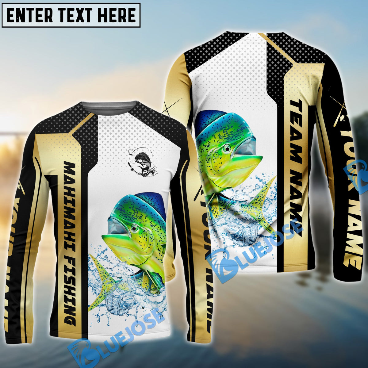 Bluejose Mahimahi Fishing Golden Premium Dynamic Strike Custom Name &amp; Team Name 3D Shirts