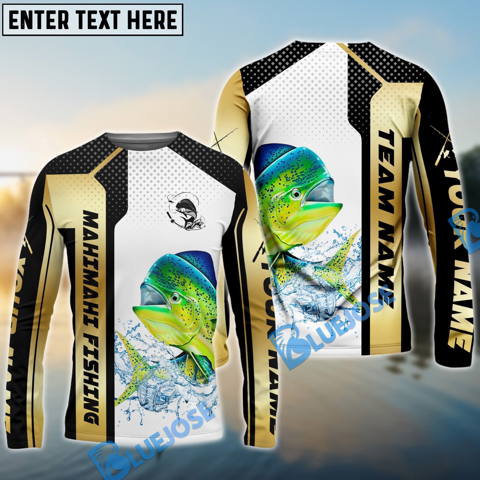 Bluejose Mahimahi Fishing Golden Premium Dynamic Strike Custom Name & Team Name 3D Shirts