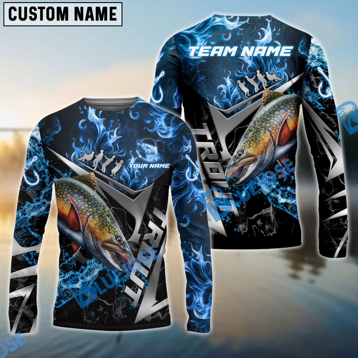 Bluejose Trout Fishing Silver Line Blue Flame Custom Pattern Name &amp; Team Name 3D Shirts