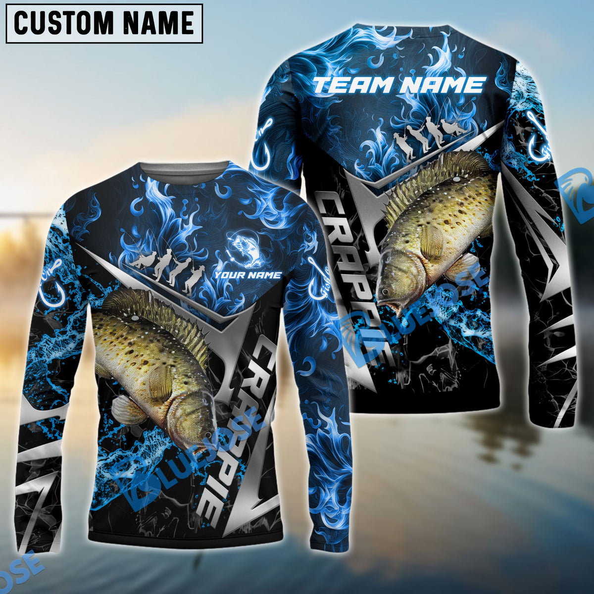 Bluejose Crappie Fishing Silver Line Blue Flame Custom Pattern Name &amp; Team Name 3D Shirts