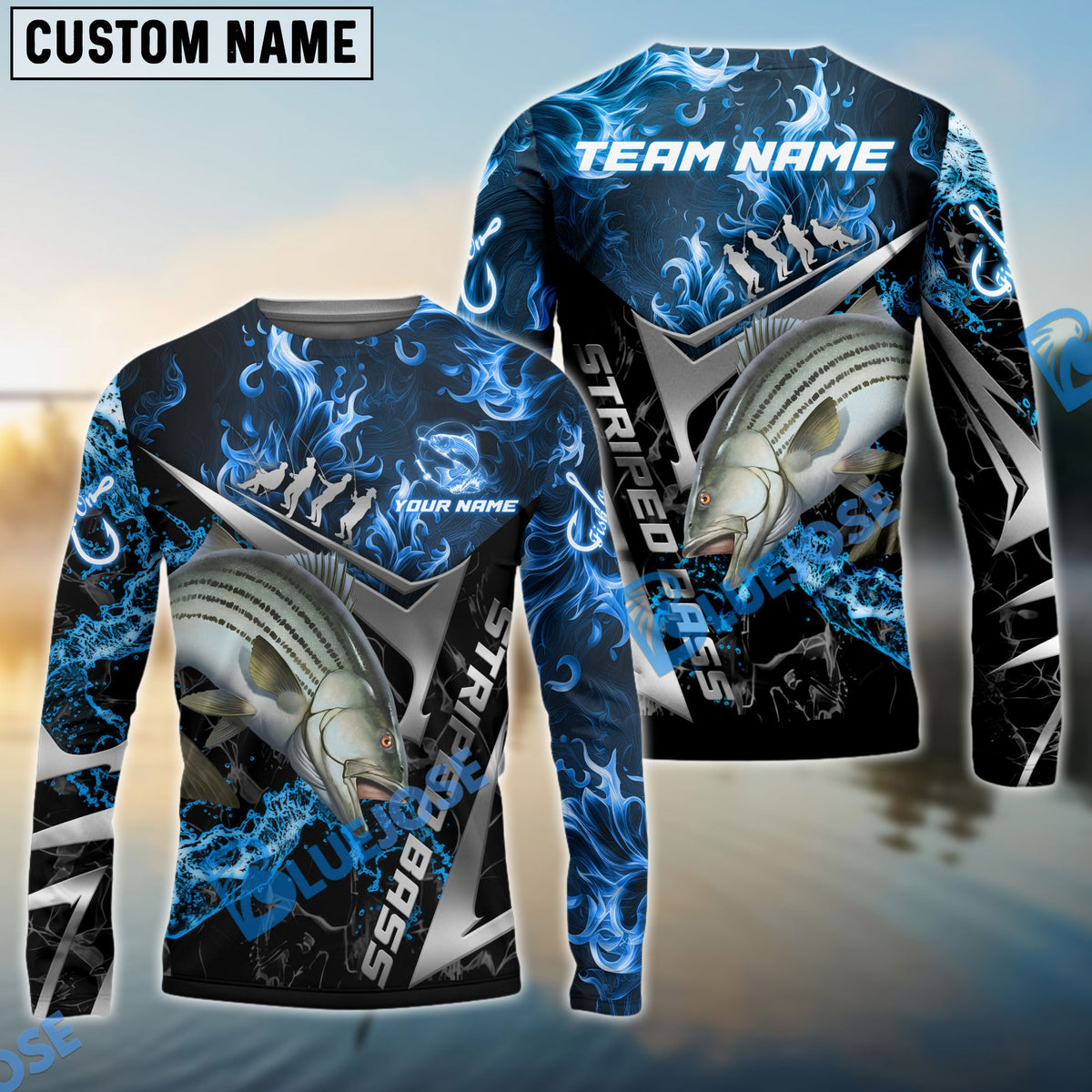Bluejose Striped Bass Fishing Silver Line Blue Flame Custom Pattern Name &amp; Team Name 3D Shirts
