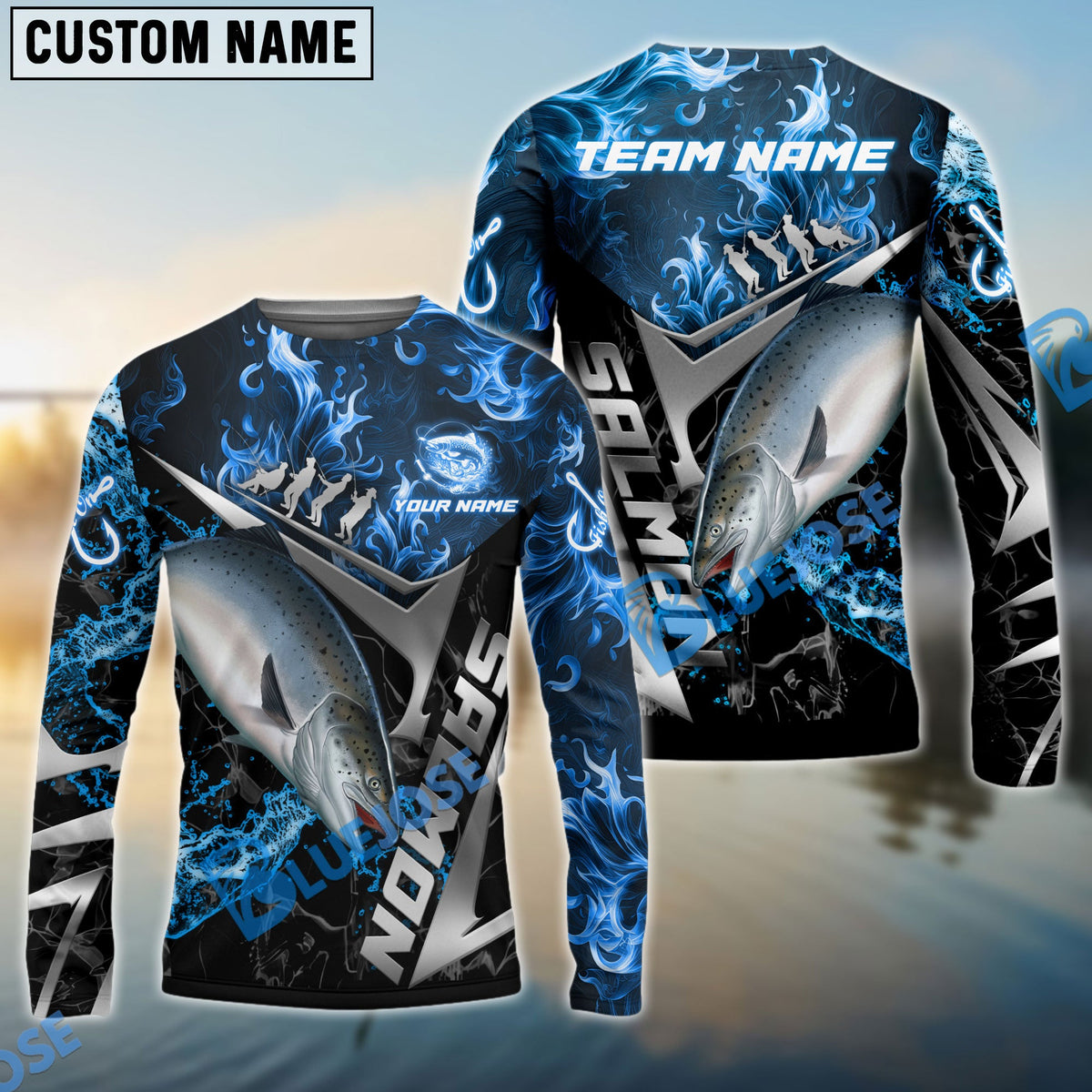 Bluejose Salmon Fishing Silver Line Blue Flame Custom Pattern Name &amp; Team Name 3D Shirts