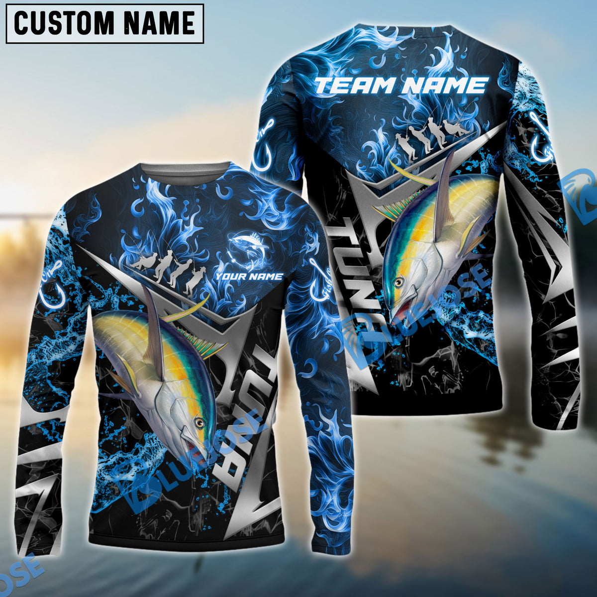 Bluejose Tuna Fishing Silver Line Blue Flame Custom Pattern Name &amp; Team Name 3D Shirts