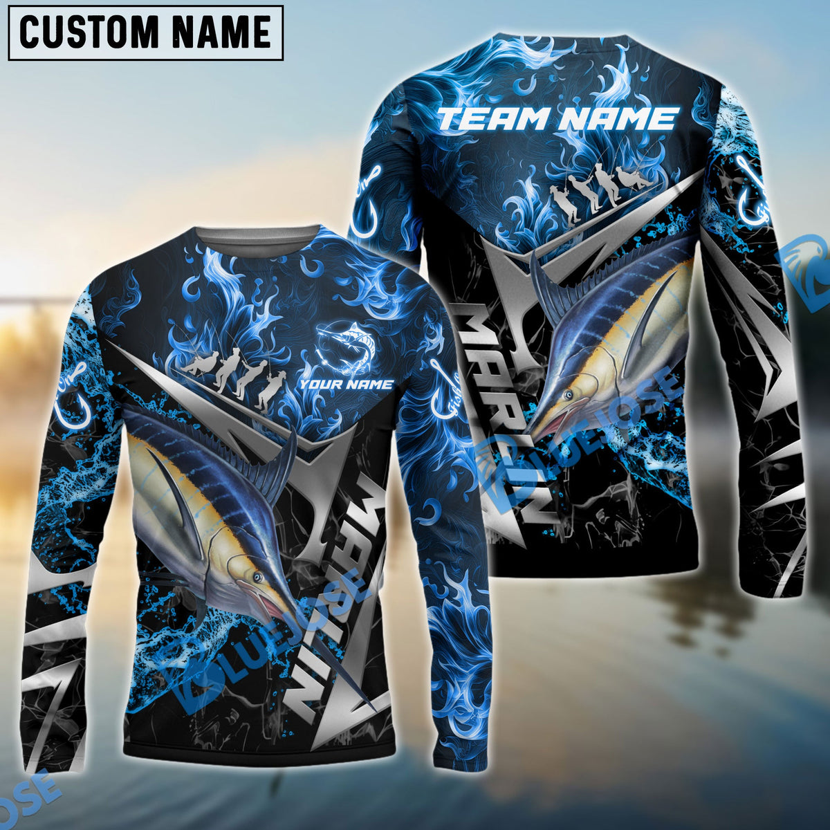 Bluejose Marlin Fishing Silver Line Blue Flame Pattern Name &amp; Team Name 3D Shirts