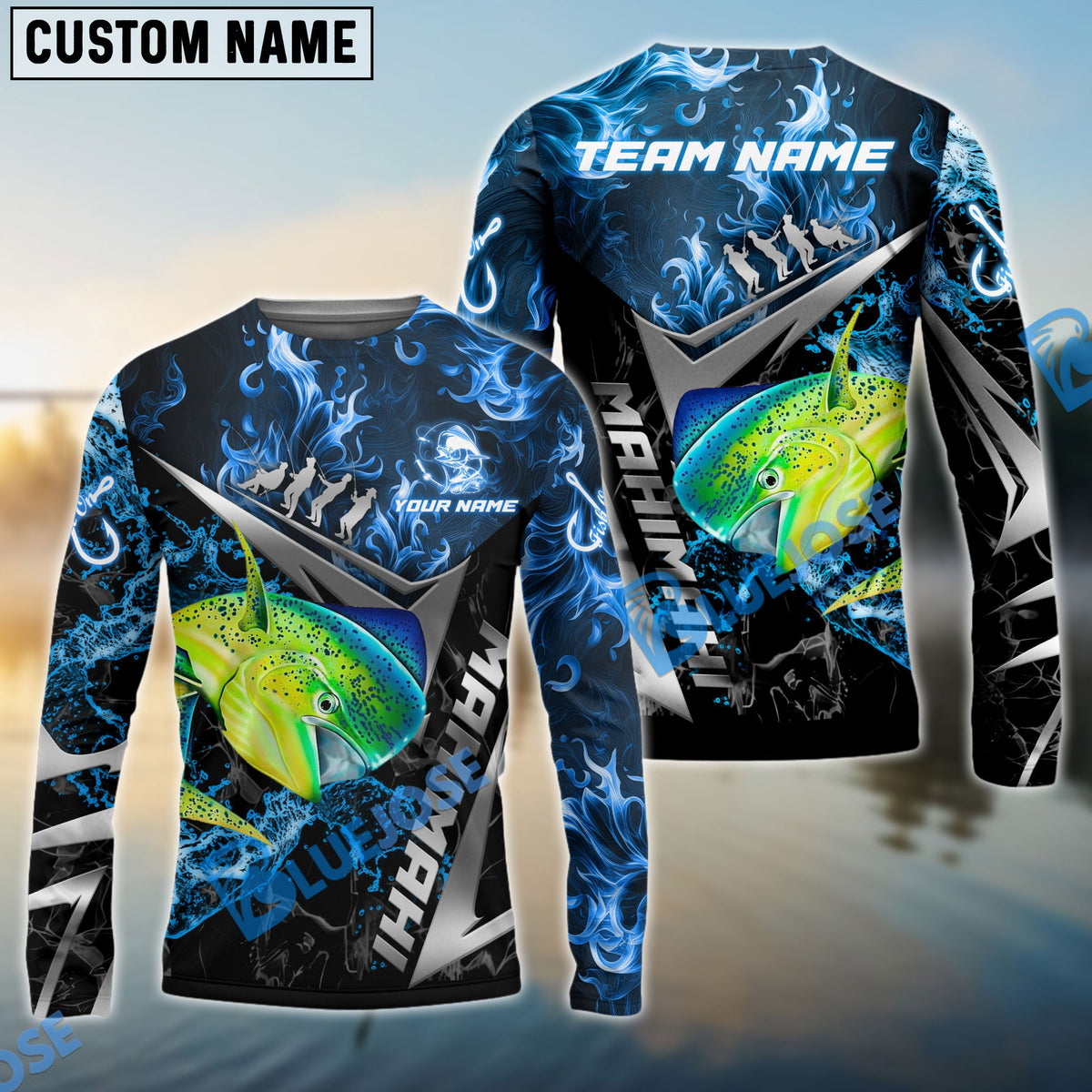 Bluejose Mahi-mahi Fishing Silver Line Blue Flame Pattern Name &amp; Team Name 3D Shirts