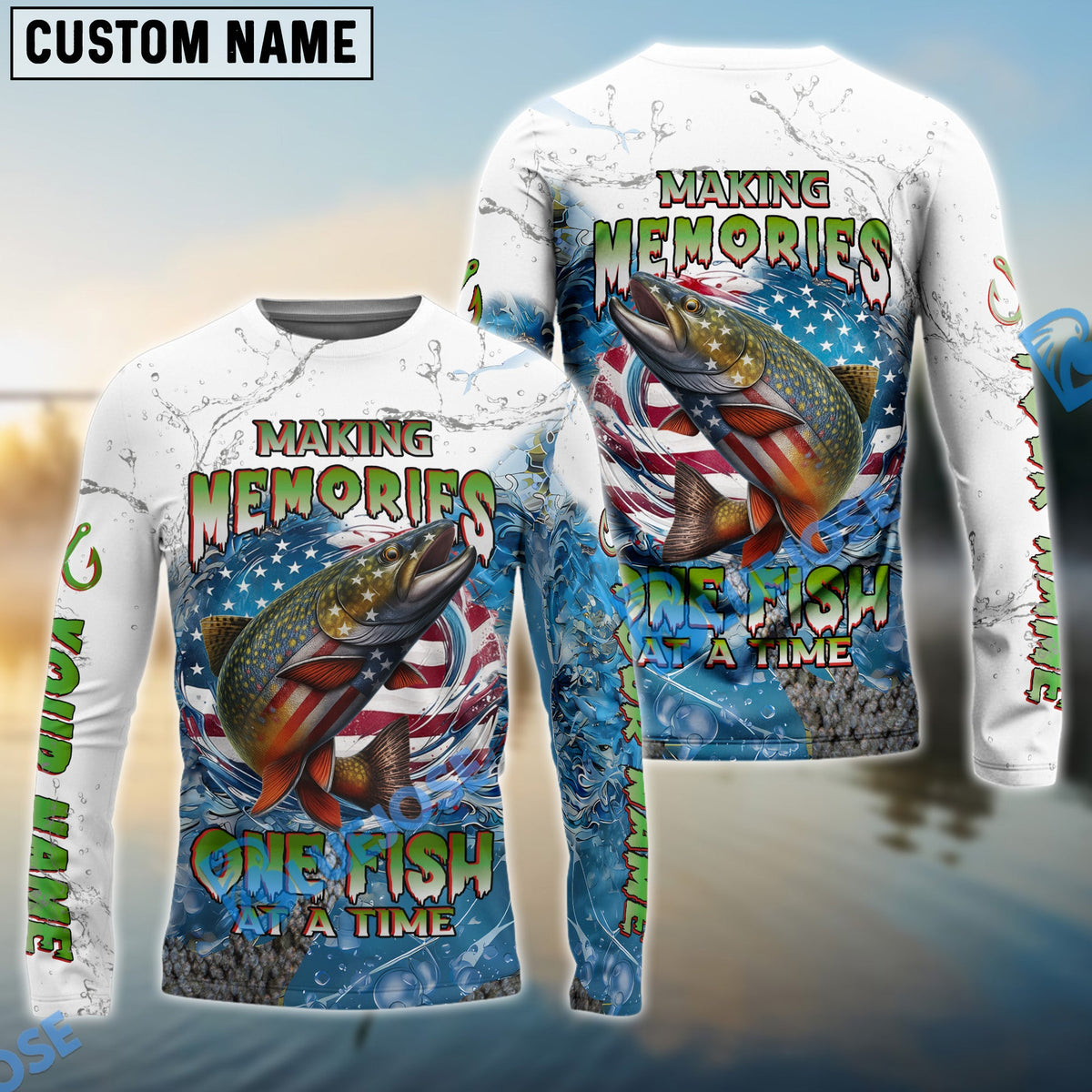 Bluejose Trout Fishing Patriotic Splash ‚ÄúMaking Memories One Fish At A Time‚Äù Custom Name &amp; Team Name 3D Shirts