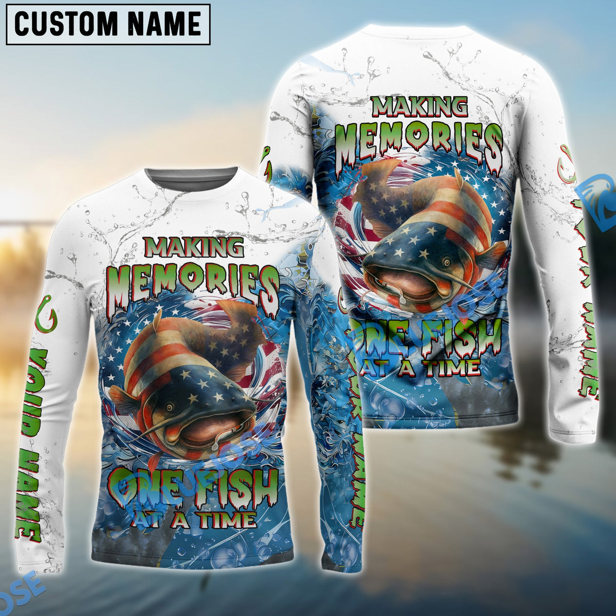 Bluejose Catfish Fishing Patriotic Splash ‚ÄúMaking Memories One Fish At A Time‚Äù Custom Name &amp; Team Name 3D Shirts