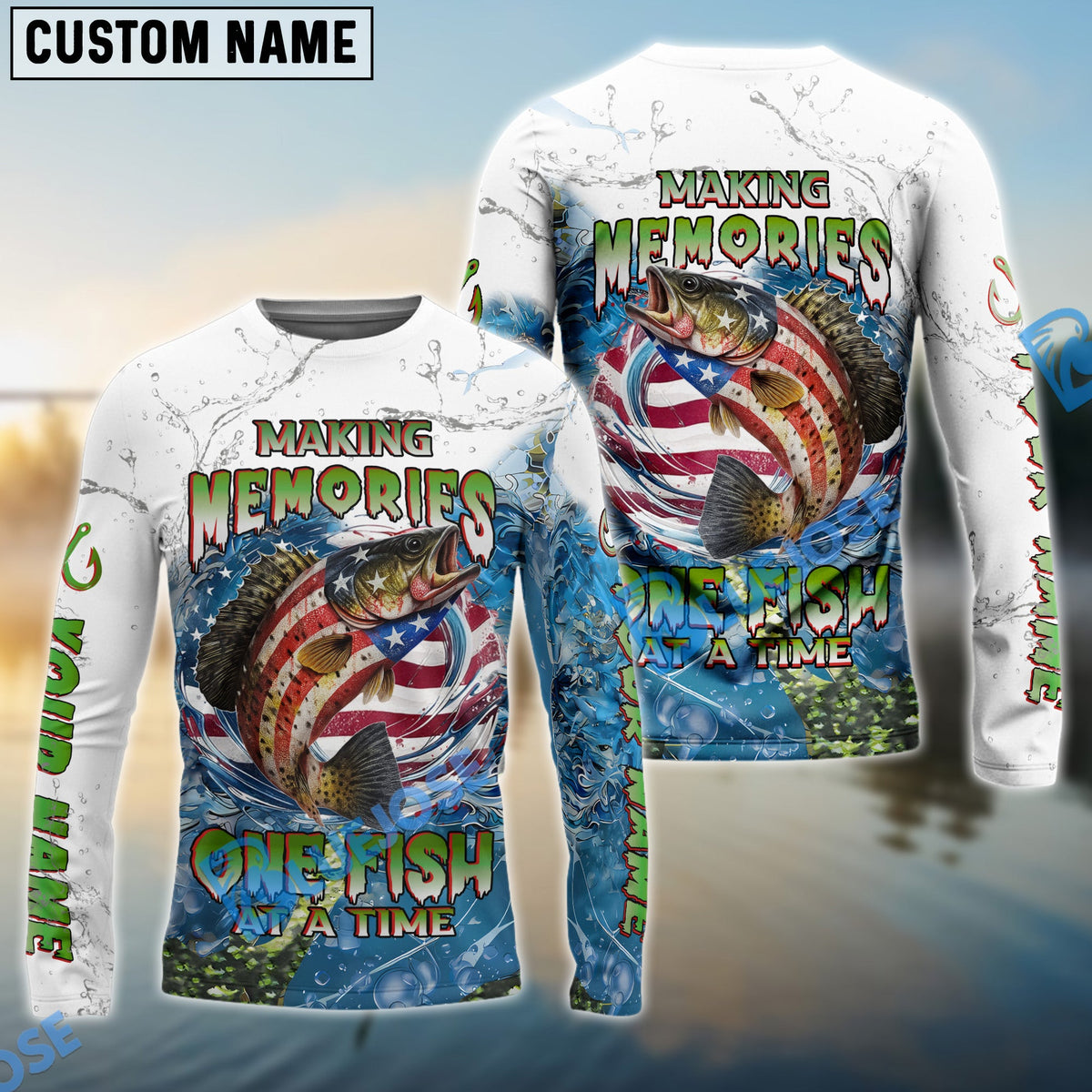 Bluejose Crappie Fishing Patriotic Splash ‚ÄúMaking Memories One Fish At A Time‚Äù Custom Name &amp; Team Name 3D Shirts