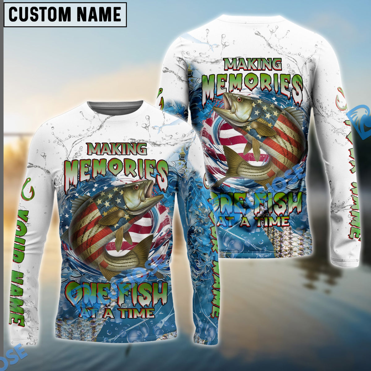 Bluejose Striped Bass Fishing Patriotic Splash ‚ÄúMaking Memories One Fish At A Time‚Äù Custom Name &amp; Team Name 3D Shirts