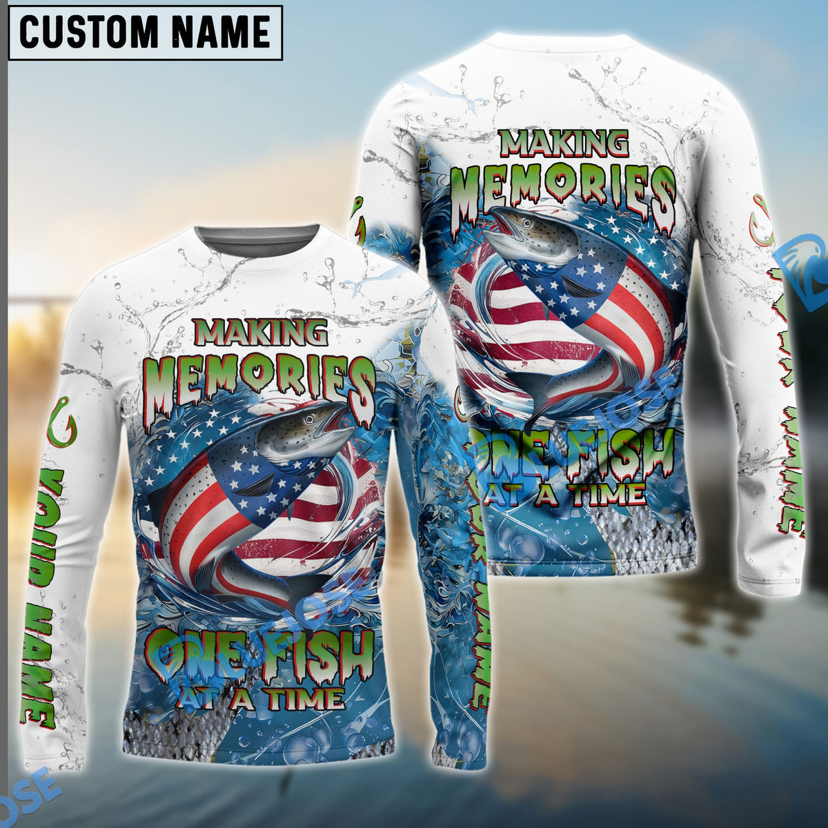 Bluejose Salmon Fishing Patriotic Splash ‚ÄúMaking Memories One Fish At A Time‚Äù Custom Name &amp; Team Name 3D Shirts