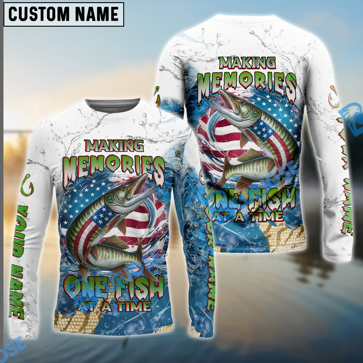 Bluejose Musky Fishing Patriotic Splash ‚ÄúMaking Memories One Fish At A Time‚Äù Custom Name &amp; Team Name 3D Shirts