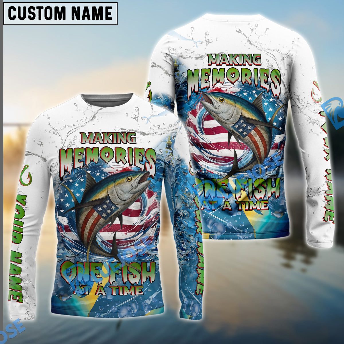 Bluejose Tuna Fishing Patriotic Splash ‚ÄúMaking Memories One Fish At A Time‚Äù Custom Name &amp; Team Name 3D Shirts