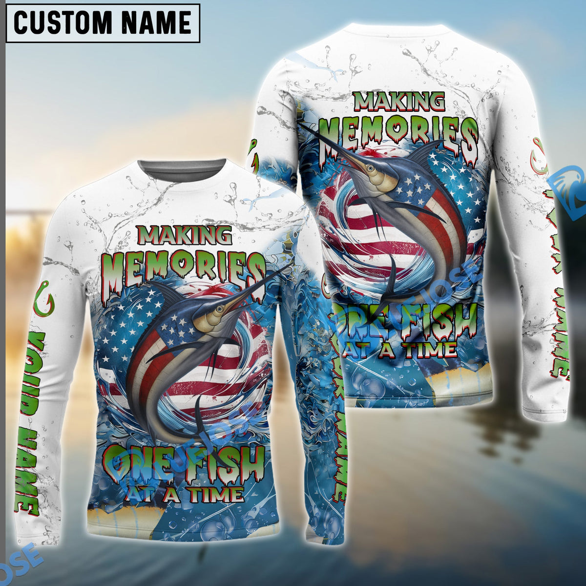 Bluejose Marlin Fishing Patriotic Splash ‚ÄúMaking Memories One Fish At A Time‚Äù Custom Name &amp; Team Name 3D Shirts