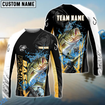 Bluejose Bass Fishing Black Gold Design Pattern Custom Name & Team Name 3D Shirts