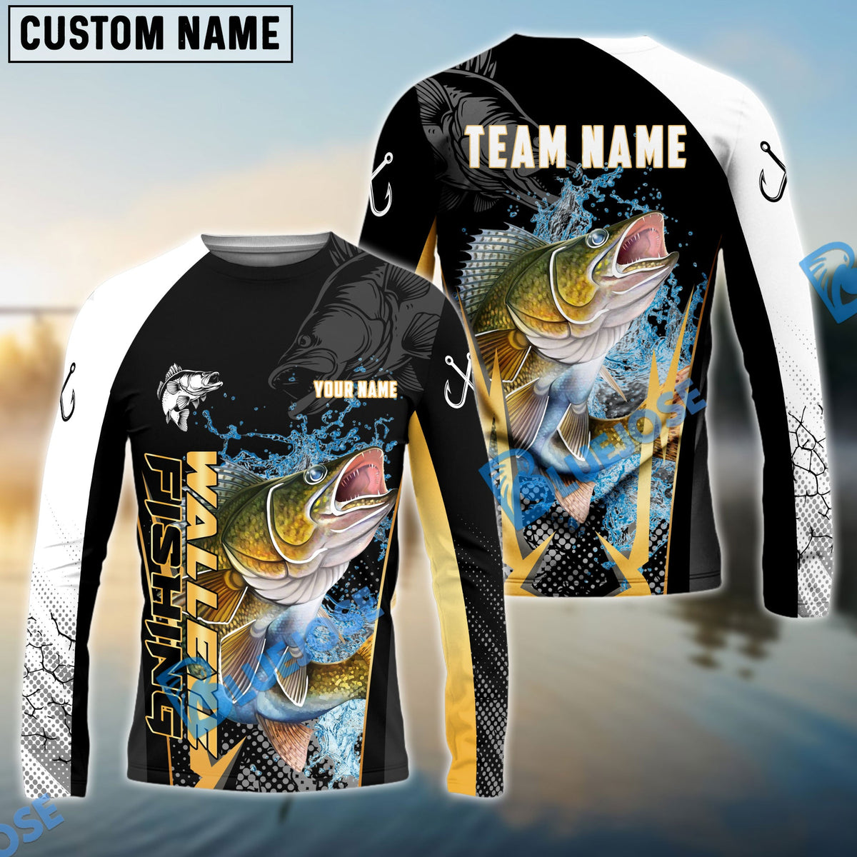 Bluejose Walleye Fishing Black Gold Design Pattern Custom Name &amp; Team Name 3D Shirts