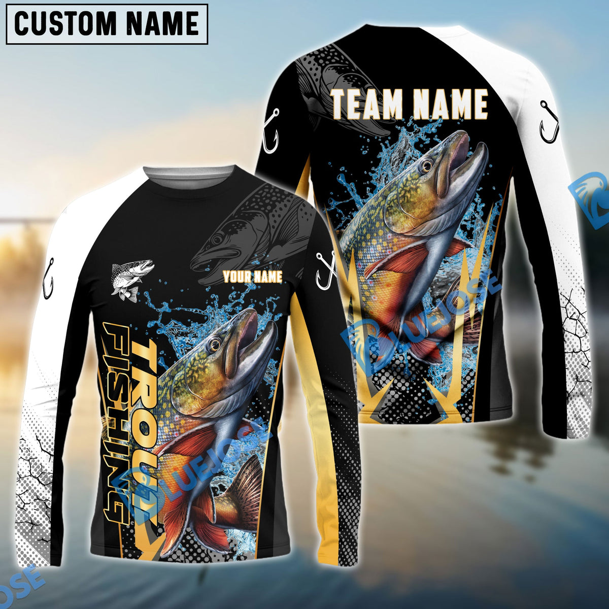 Bluejose Trout Fishing Black Gold Design Pattern Custom Name &amp; Team Name 3D Shirts