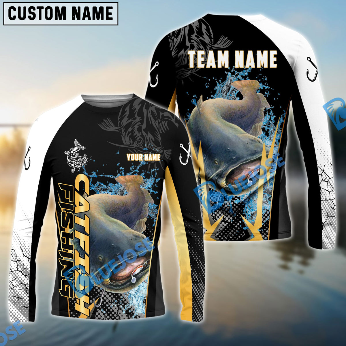 Bluejose Catfish Fishing Black Gold Design Pattern Custom Name &amp; Team Name 3D Shirts