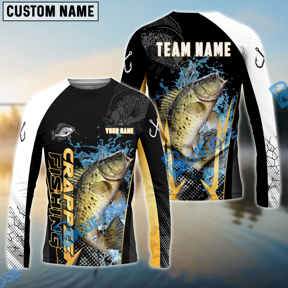 Bluejose Crappie Fishing Black Gold Design Pattern Custom Name &amp; Team Name 3D Shirts