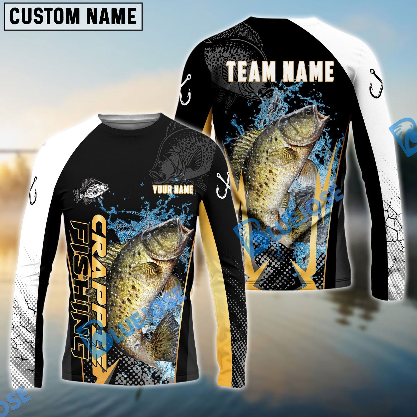 Bluejose Crappie Fishing Black Gold Design Pattern Custom Name & Team Name 3D Shirts