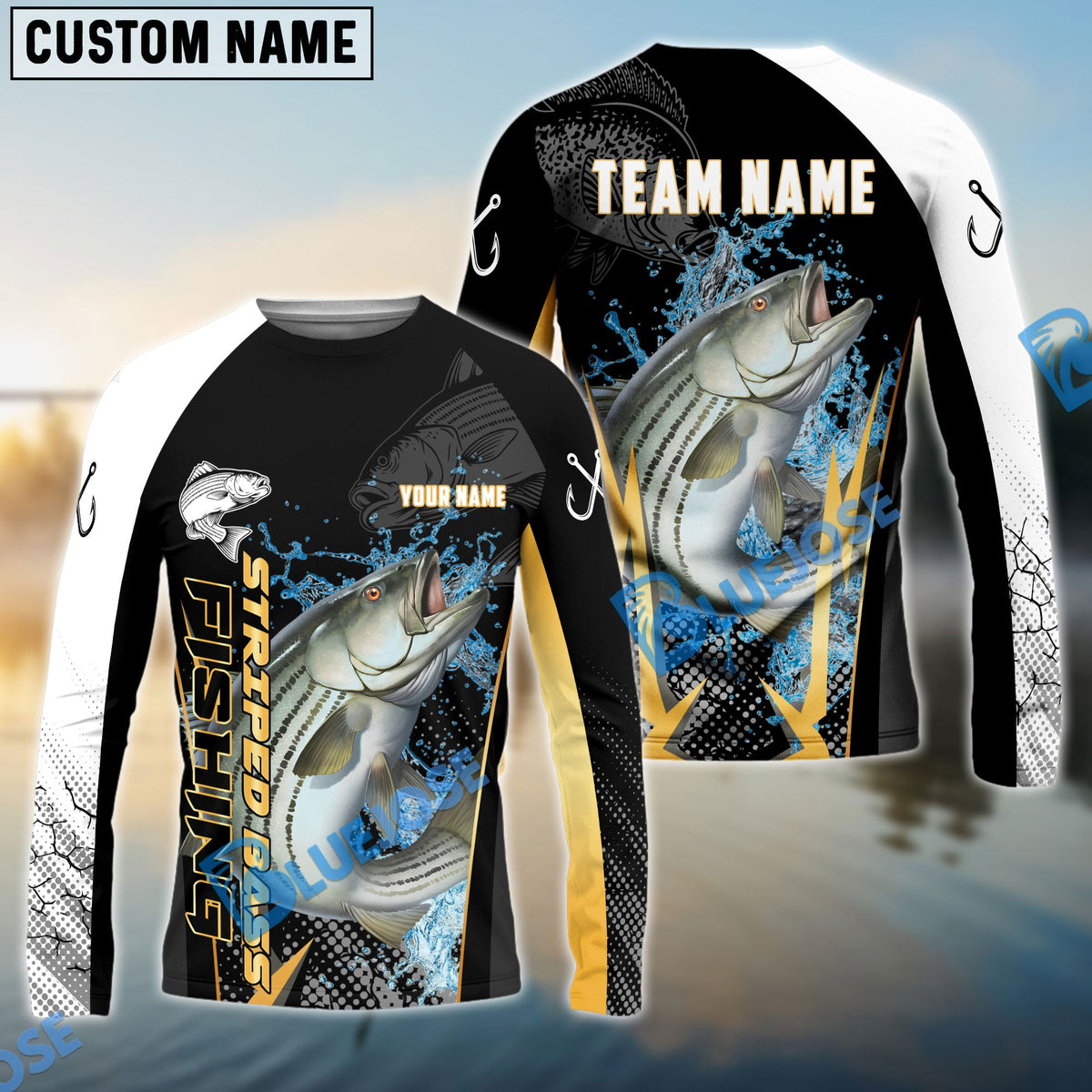 Bluejose Striped Bass Fishing Black Gold Design Pattern Custom Name &amp; Team Name 3D Shirts