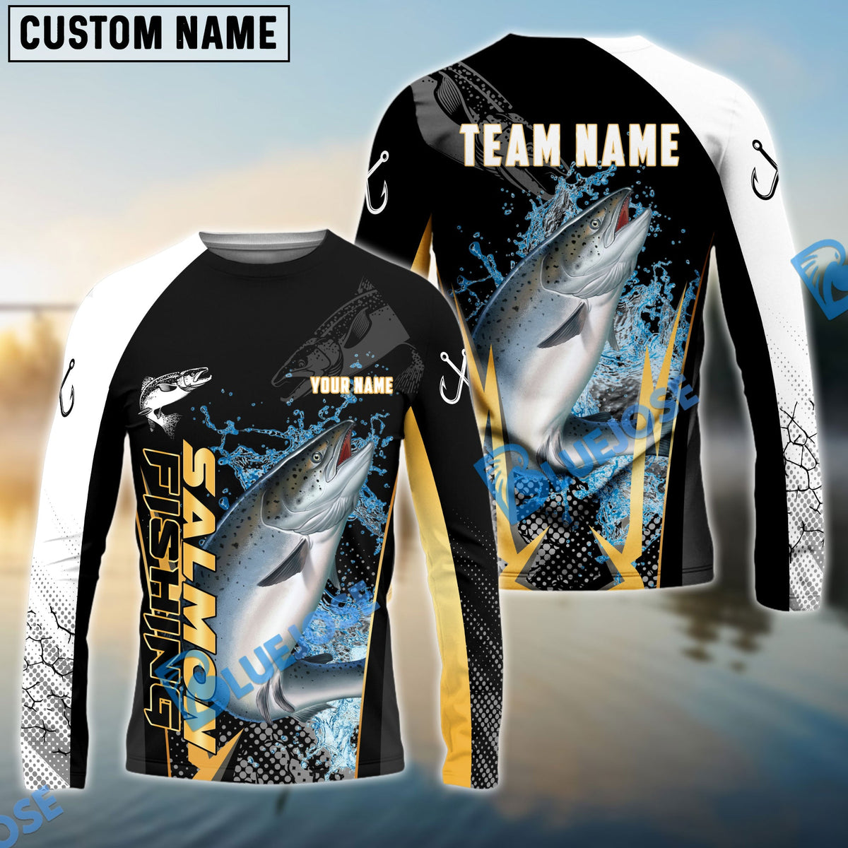 Bluejose Salmon Fishing Black Gold Design Pattern Custom Name &amp; Team Name 3D Shirts