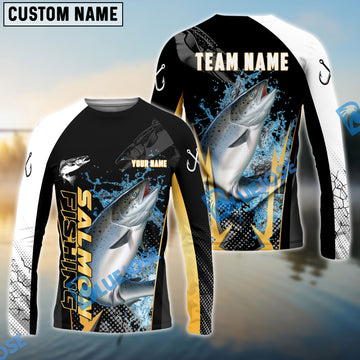 Bluejose Salmon Fishing Black Gold Design Pattern Custom Name & Team Name 3D Shirts