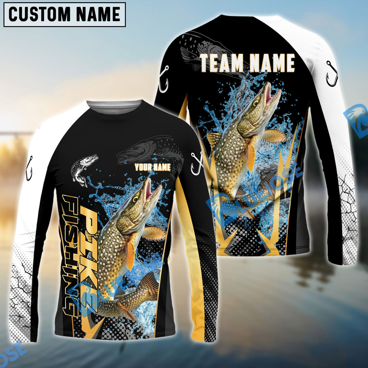 Bluejose Pike Fishing Black Gold Design Pattern Custom Name &amp; Team Name 3D Shirts