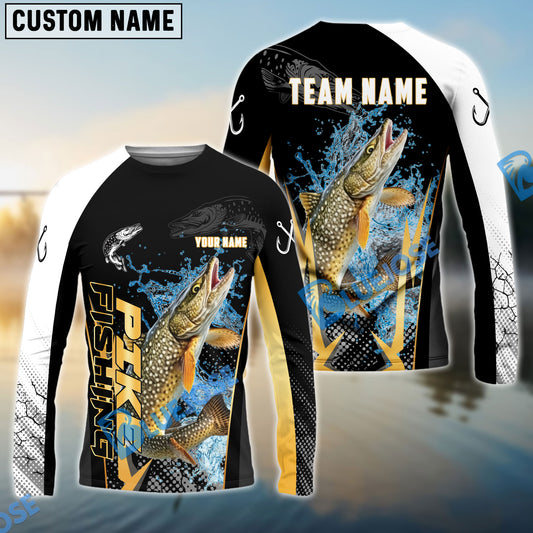 Bluejose Pike Fishing Black Gold Design Pattern Custom Name & Team Name 3D Shirts