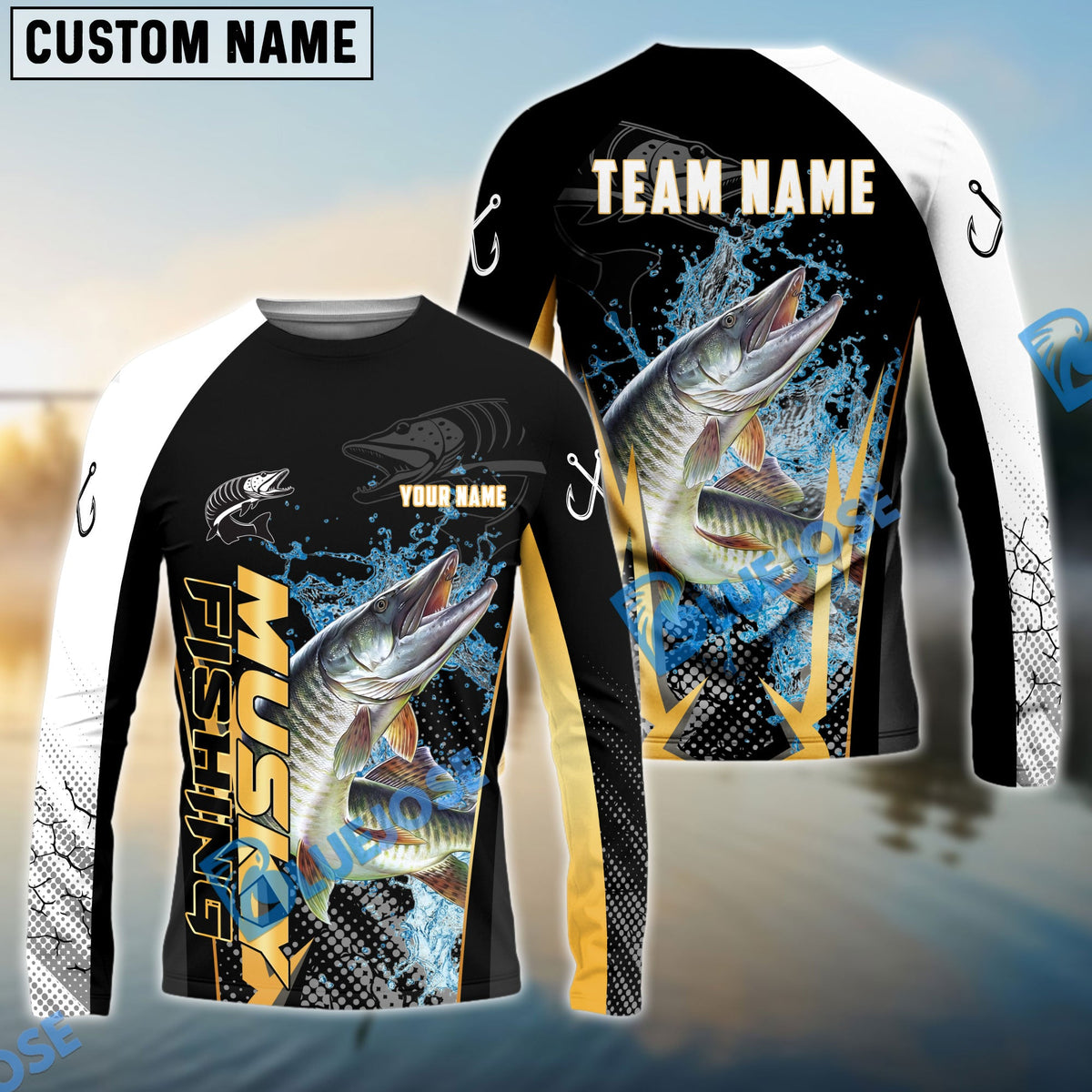 Bluejose Musky Fishing Black Gold Design Pattern Custom Name &amp; Team Name 3D Shirts