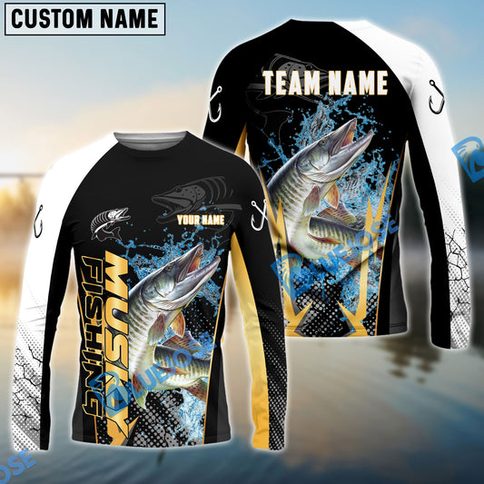 Bluejose Musky Fishing Black Gold Design Pattern Custom Name & Team Name 3D Shirts
