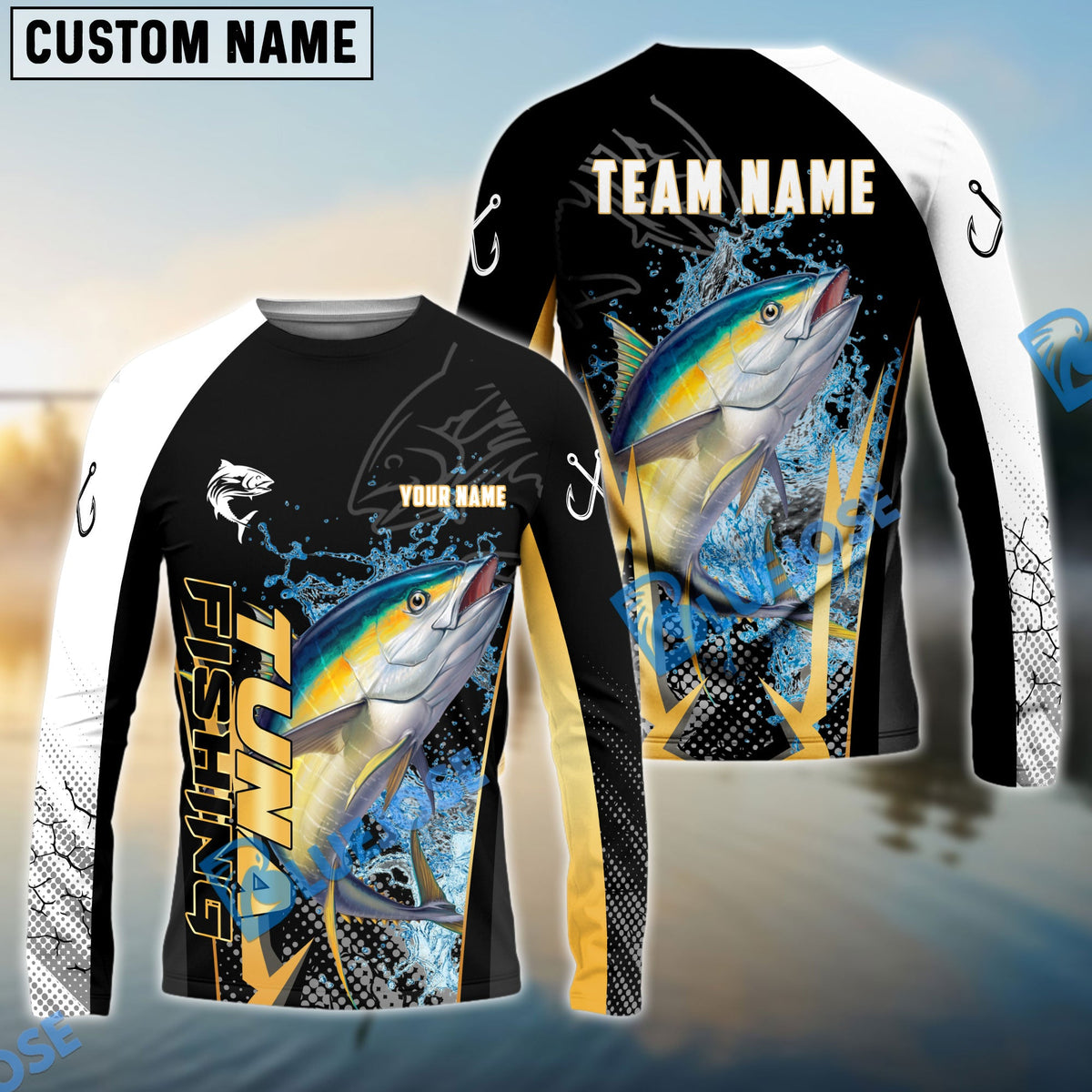 Bluejose Tuna Fishing Black Gold Design Pattern Custom Name &amp; Team Name 3D Shirts