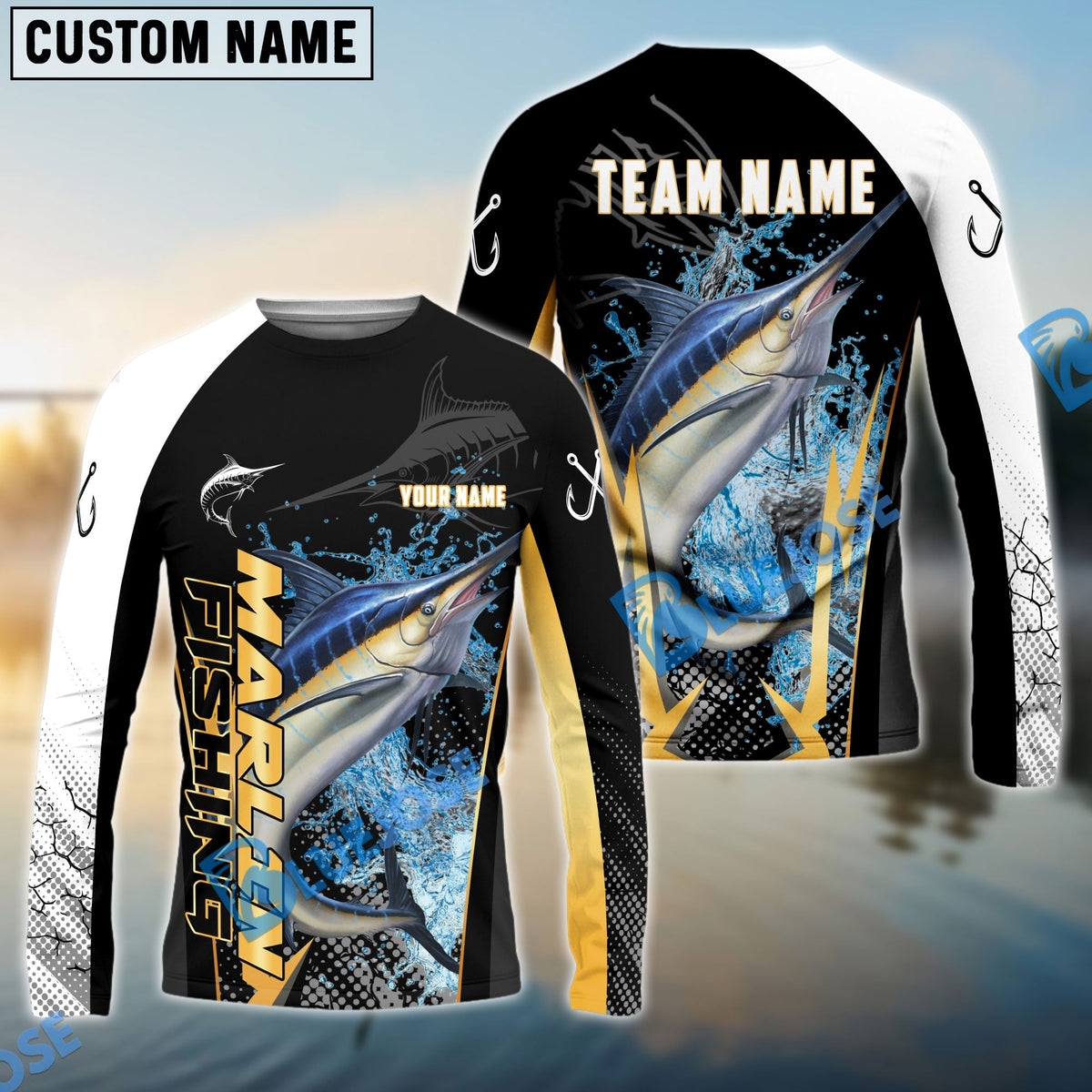 Bluejose Marlin Fishing Black Gold Design Pattern Custom Name &amp; Team Name 3D Shirts
