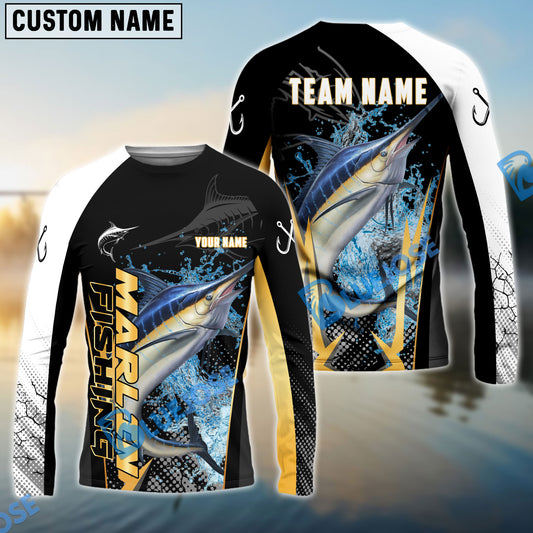 Bluejose Marlin Fishing Black Gold Design Pattern Custom Name & Team Name 3D Shirts