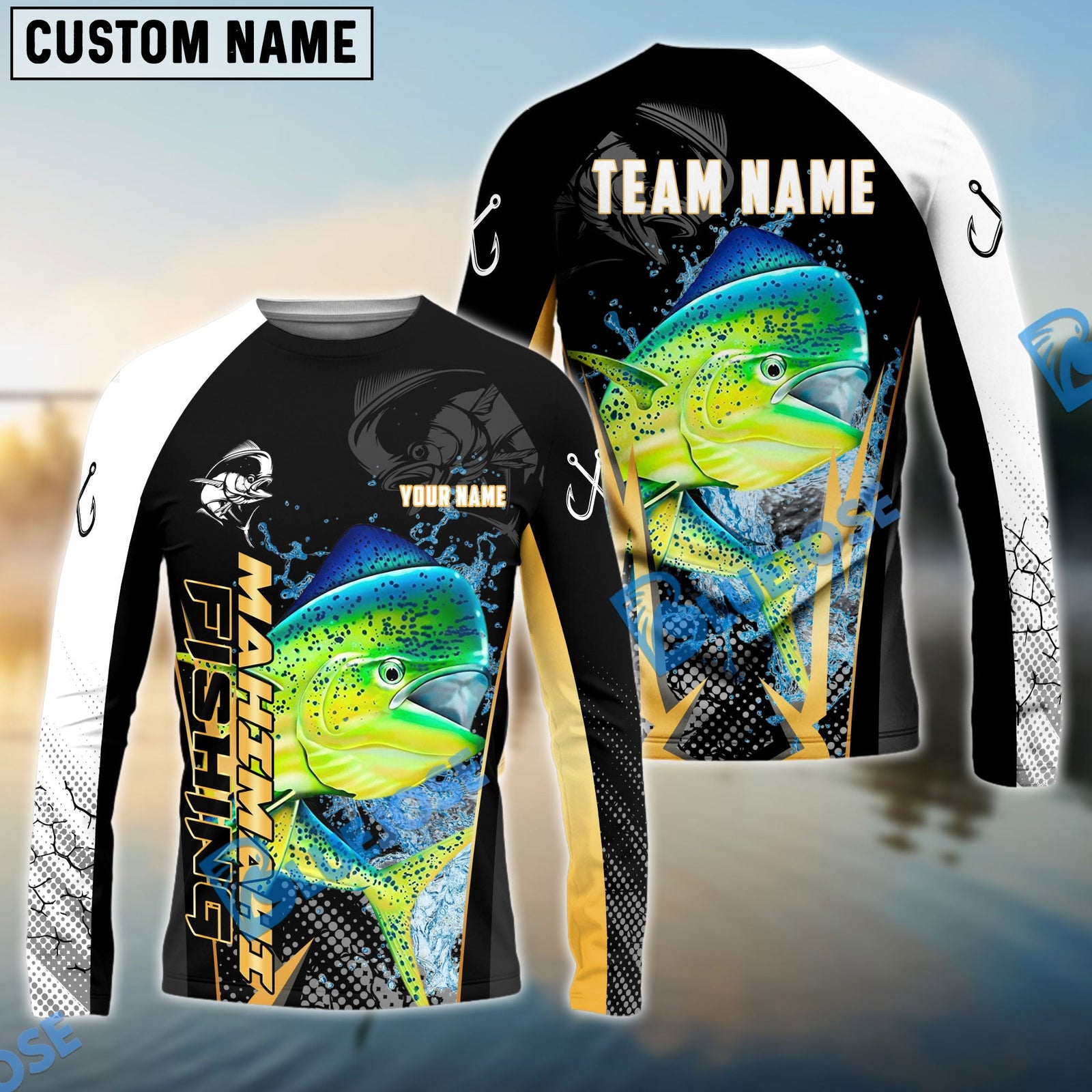 Bluejose Mahi-mahiFishing Black Gold Design Pattern Custom Name & Team Name 3D Shirts