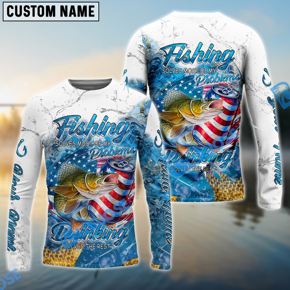 Bluejose Walleye Fishing Beer &amp; Fishing Flag Quote ‚ÄúFishing solves most of my problems, drinking solves the rest‚Äù Dynamic Strike Pattern Custom Name &amp; Team Name 3D Shirts