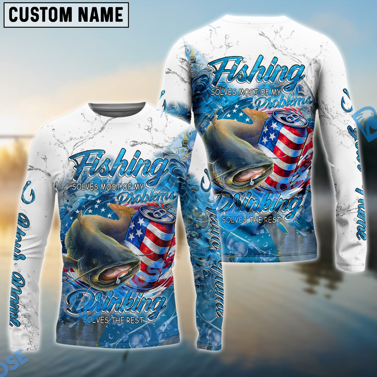Bluejose Catfish Fishing Beer &amp; Fishing Flag Quote ‚ÄúFishing solves most of my problems, drinking solves the rest‚Äù Dynamic Strike Pattern Custom Name &amp; Team Name 3D Shirts