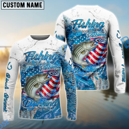 Bluejose Striped Bass Fishing Beer & Fishing Flag Quote “Fishing solves most of my problems, drinking solves the rest” Dynamic Strike Pattern Custom Name & Team Name 3D Shirts
