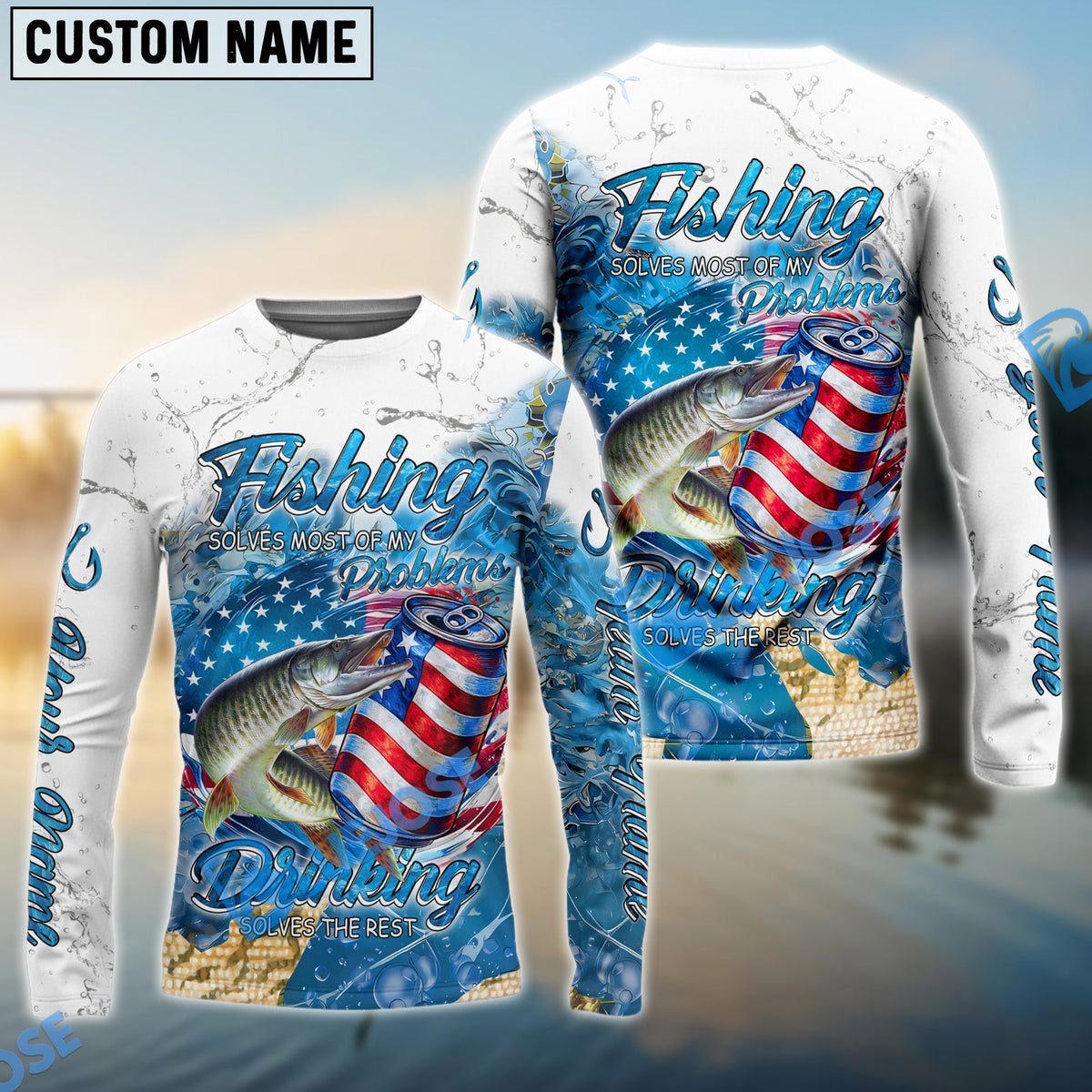 Bluejose Musky Fishing Beer &amp; Fishing Flag Quote ‚ÄúFishing solves most of my problems, drinking solves the rest‚Äù Dynamic Strike Pattern Custom Name &amp; Team Name 3D Shirts