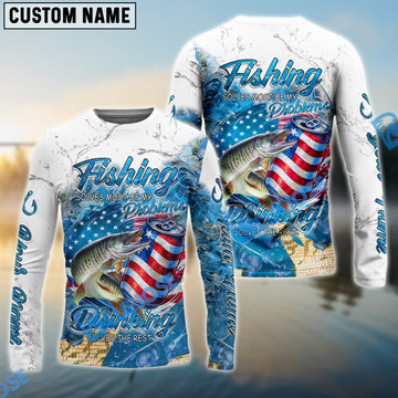 Bluejose Musky Fishing Beer & Fishing Flag Quote “Fishing solves most of my problems, drinking solves the rest” Dynamic Strike Pattern Custom Name & Team Name 3D Shirts