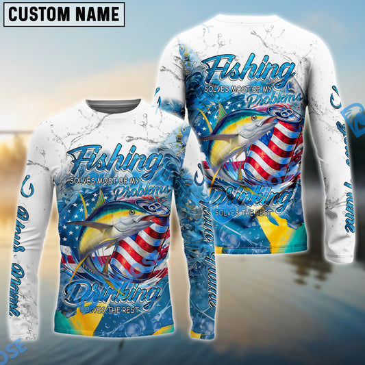 Bluejose Tuna Fishing Beer & Fishing Flag Quote “Fishing solves most of my problems, drinking solves the rest” Dynamic Strike Pattern Custom Name & Team Name 3D Shirts