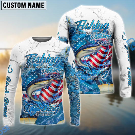 Bluejose Marlin Fishing Beer & Fishing Flag Quote “Fishing solves most of my problems, drinking solves the rest” Dynamic Strike Pattern Custom Name & Team Name 3D Shirts