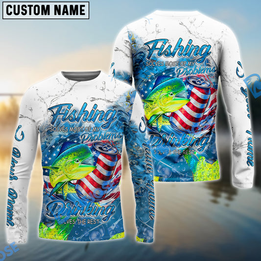 Bluejose Mahi-mahi Fishing Beer & Fishing Flag Quote “Fishing solves most of my problems, drinking solves the rest” Dynamic Strike Pattern Custom Name & Team Name 3D Shirts
